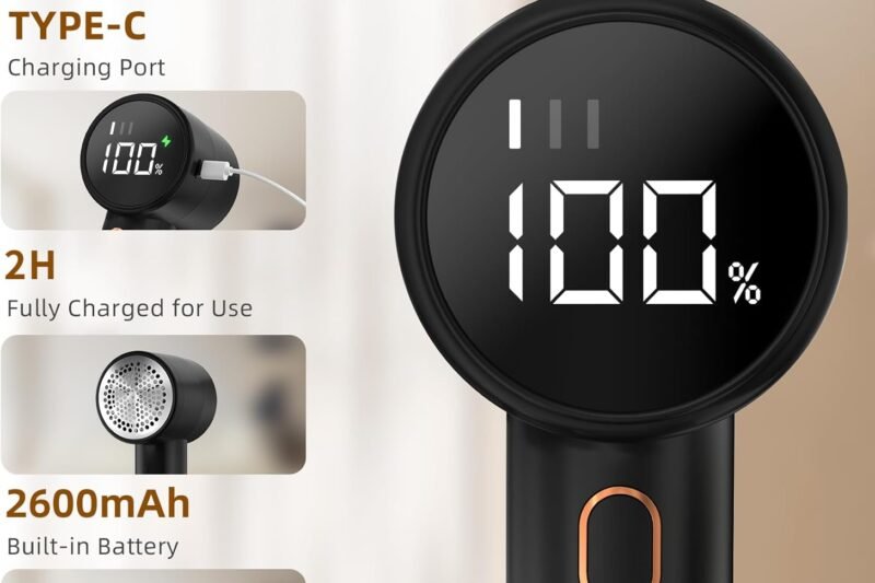 Fabric Shaver, Lint Remover Rechargeable, Electric Portable Sweater Defuzzer with 3 Speeds, 6 Leaf Blades, Digital LED Display to Remove Pilling for Clothes, Furniture, Sweater, Couch, Blanket