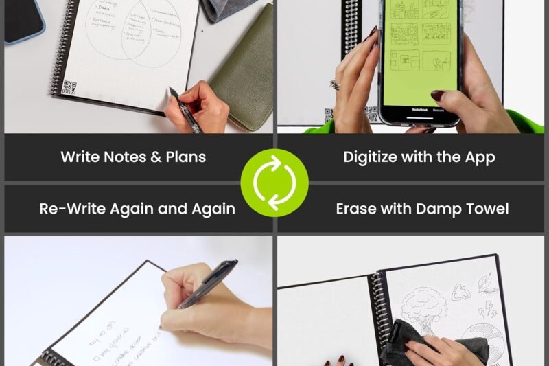 Rocketbook Core Reusable Spiral Notebook, Letter Size 8.5×11, Black – Dotted Pages, App-Connected, Erasable, Durable Cover, Ideal for School, Work, and Creative Projects